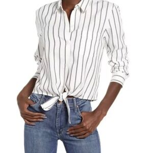 Rails Val Black White Storm Vertical Stripe Tie Front Pleat Shirt Large